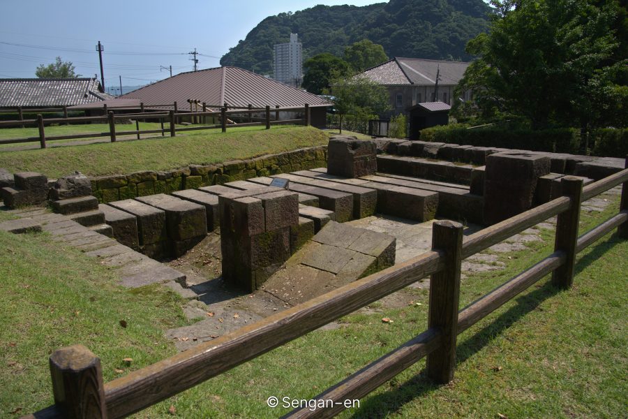 The foundation remains of the Shuseikan reverberatory furnace or similar industrial structure, designated as a historic site.