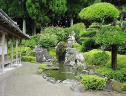 A traditional Japanese dry landscape garden (karesansui or pond style), featuring a small pond, sculpted pine trees, rocks, and a veranda.