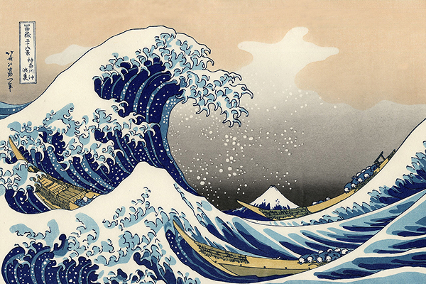 The famous ukiyo-e woodblock print 'The Great Wave off Kanagawa' by Katsushika Hokusai, depicting a giant wave threatening three boats with Mount Fuji visible in the distance.