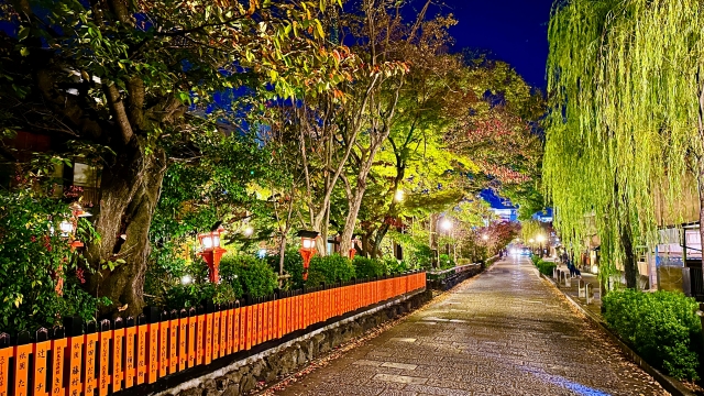 Evening view of the stone-paved path along Shirakawa River, illuminated by lanterns with autumn foliage and weeping willows.