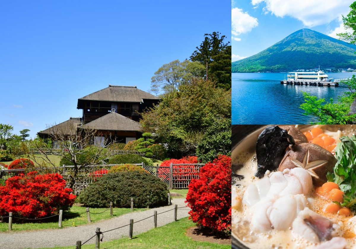 Collage representing the Kita-Kanto region: a traditional thatched-roof farmhouse, a scenic lake with a mountain backdrop, and a pot of Ankou Nabe (anglerfish stew).