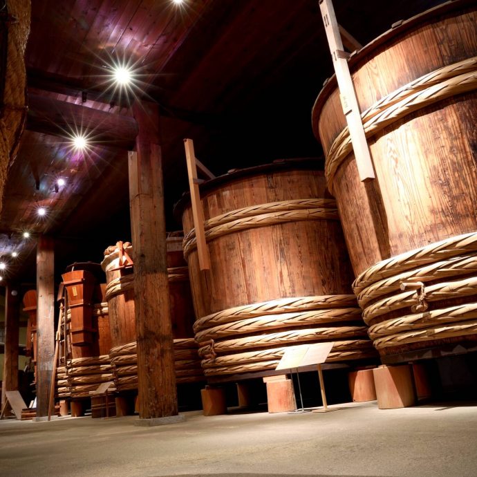 Wooden barrels at Akita sake brewery.