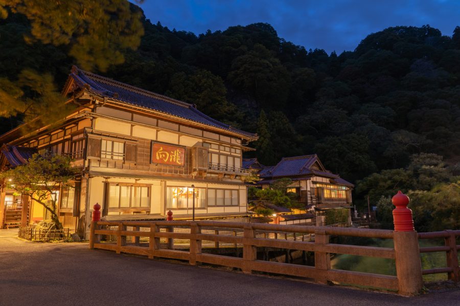 Higashiyama Onsen building lit up at night.