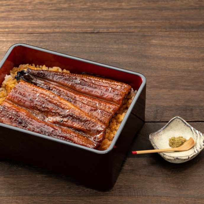 Grilled unagi on rice in a square lacquer box.
