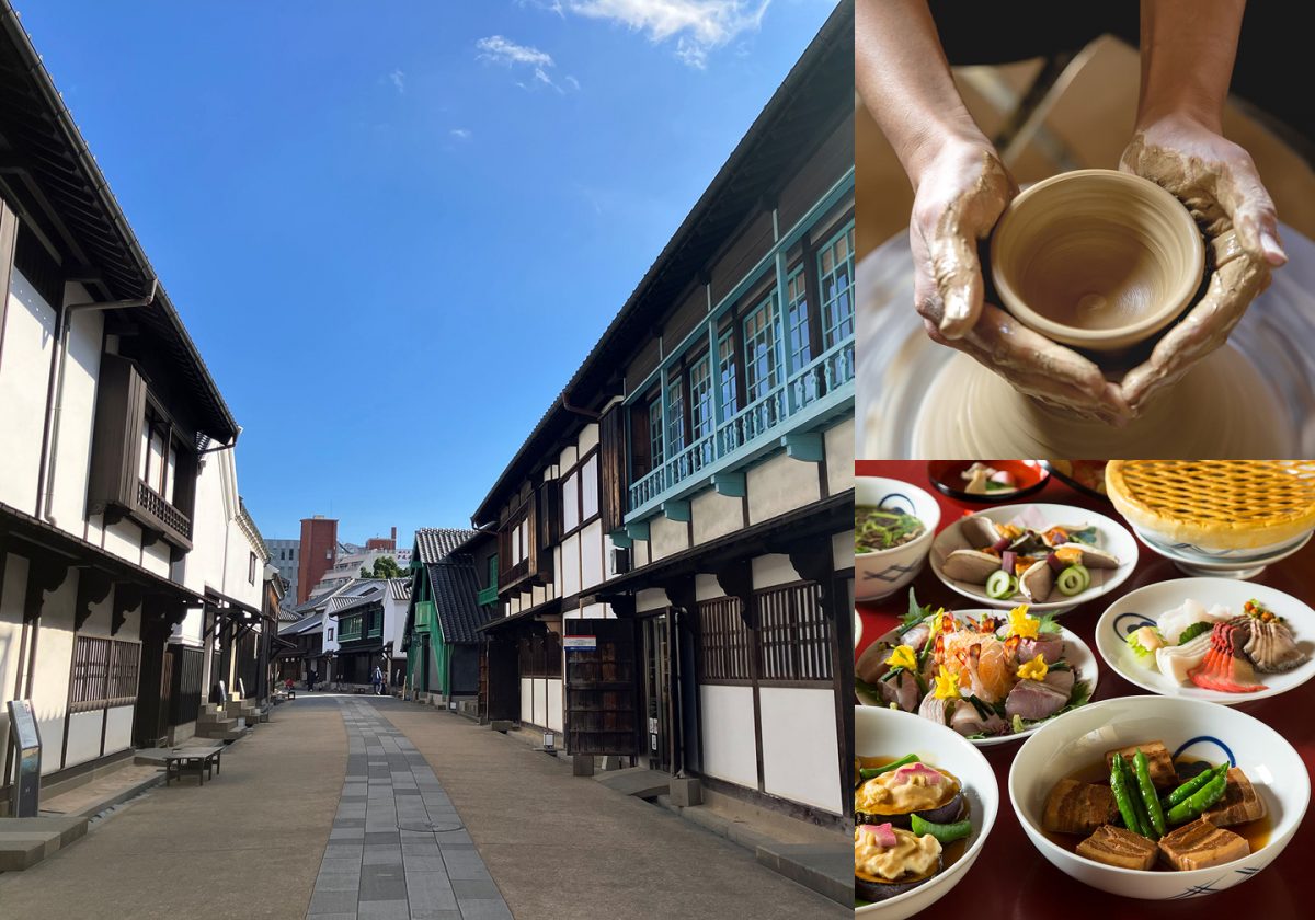 Collage representing the Kyushu region: a traditional street with white-walled buildings, a potter shaping clay on a wheel, and an assortment of local dishes.