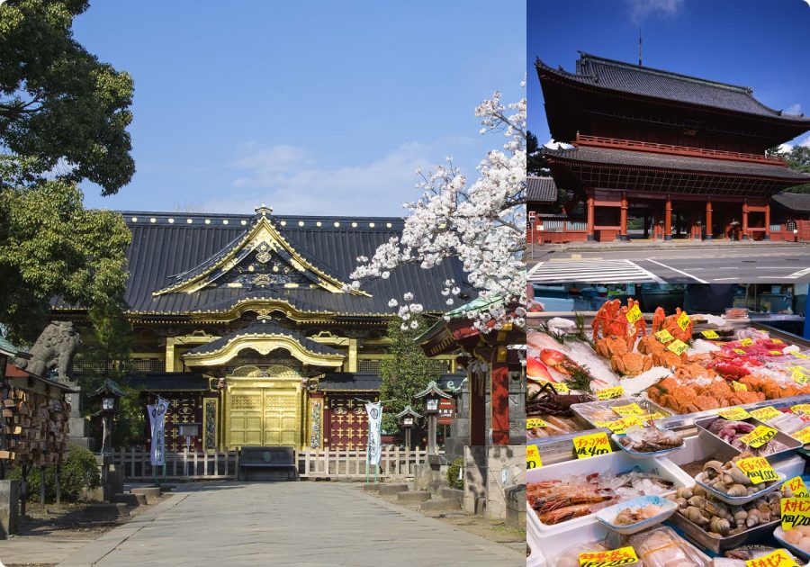 Collage representing the Tokyo area: an ornate golden shrine gate, a red temple structure, and the bustling Tsukiji Market.