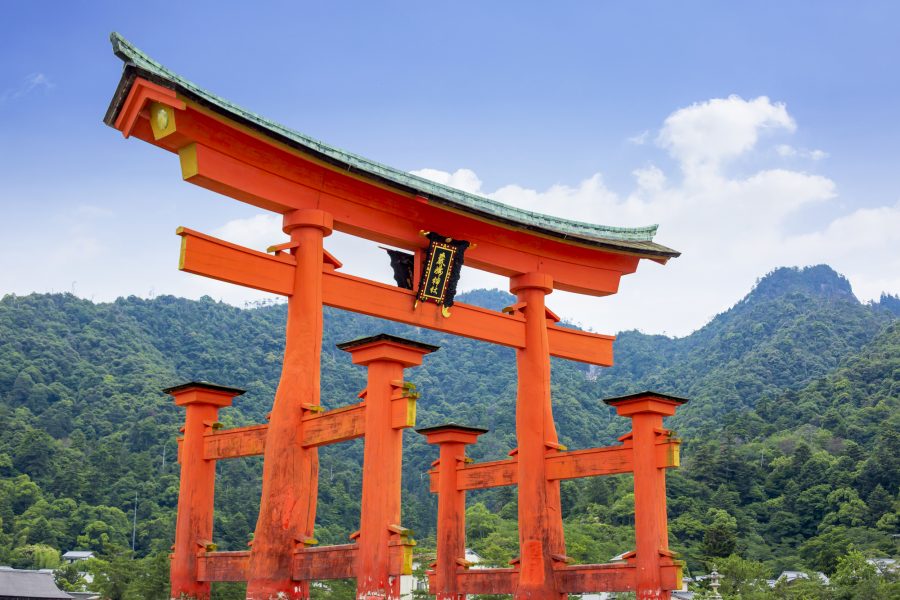 The great red torii gate of Itsukushima Shrine.