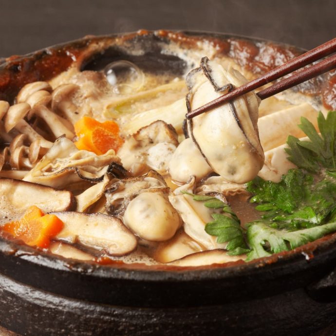 Kaki no dote-nabe (oyster hot pot) in a pot.