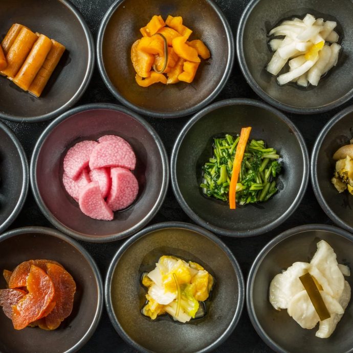 Kyoto-style obanzai (side dishes) in small bowls.