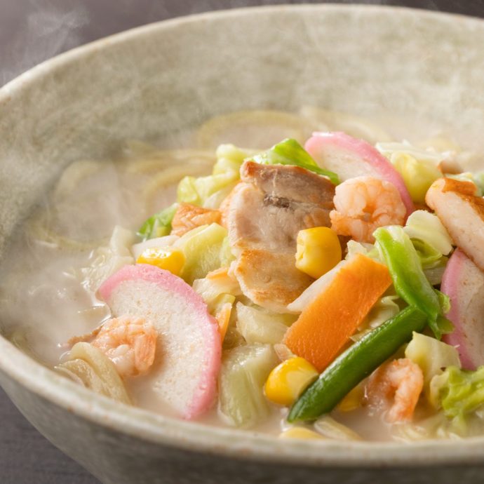 A bowl of Nagasaki champon noodle soup.