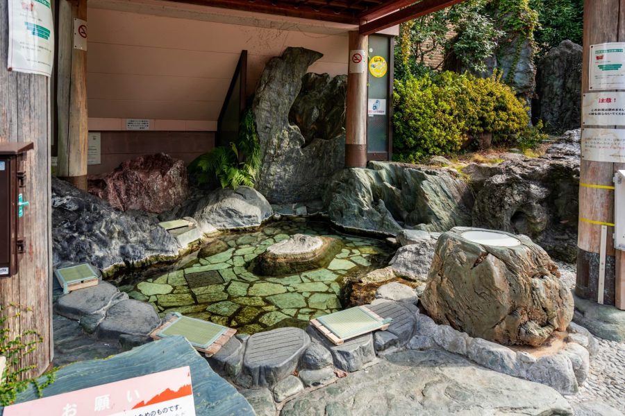 An outdoor hot spring bath (rotenburo) in a garden.