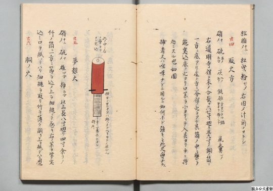 Open pages of the "Bansenshukai" featuring illustrations and instructions for ninja tools. Left Page: A diagram of a red cylindrical device labeled "Musou-bi" (Dream Fire) or related to "Do-no-hi" (Body Fire/Portable Heater), with instructions on how to pack gunpowder or fuel inside. Right Page: Text describing "Toribi-no-ho" (Methods of Taking Fire), likely detailing recipes for gunpowder or fuel using ingredients like pine resin and sulfur.