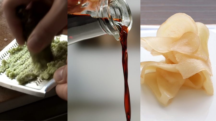 Mixing red vinegar (Akazu) into sushi rice. A dark, amber-colored vinegar is being poured from a white bowl onto steaming white rice in a wooden tub (hangiri).