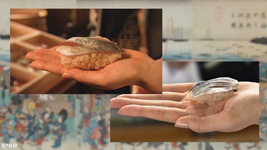 Comparison of sushi sizes between the Edo period and the present day. The top image shows a large, fist-sized piece of sushi (Edo style), while the bottom image shows a smaller, bite-sized piece (modern style) in a hand.