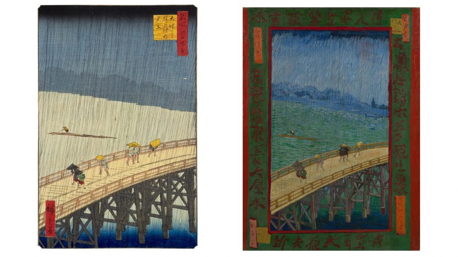 Side-by-side comparison of Hiroshige's original woodblock print "Sudden Shower over Shin-Ohashi bridge" (left) and Van Gogh's oil painting reproduction "Bridge in the Rain" (right).