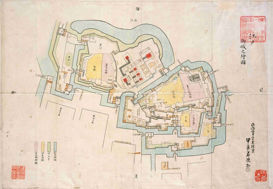 A detailed floor plan map of Edo Castle. The layout shows the Honmaru (main circle), Ninomaru (second circle), and Nishinomaru (western circle) compounds, surrounded by blue-colored moats.