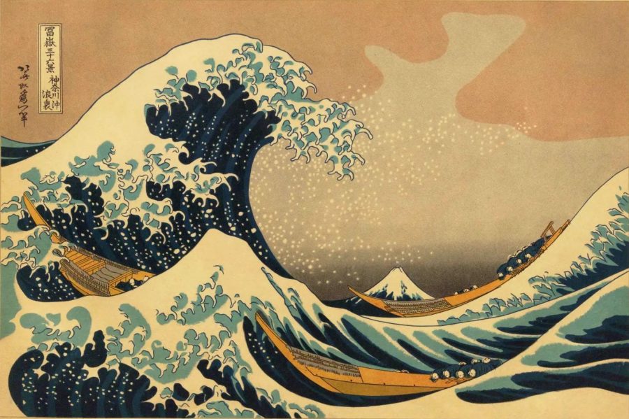 Iconic ukiyo-e print "The Great Wave" featuring a massive wave framing Mount Fuji in the background.