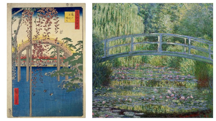 Left: Utagawa Hiroshige's "Kameido Tenjin Shrine" from One Hundred Famous Views of Edo. It features a steep, arched drum bridge framed by hanging wisteria flowers.Right: Claude Monet's "The Water Lily Pond," depicting the Japanese bridge he built in his garden at Giverny, clearly inspired by the composition of Japanese prints.