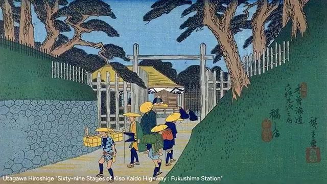 A classic ukiyo-e woodblock print by Utagawa Hiroshige depicting travelers wearing straw hats walking along a path bordered by trees and a stone wall toward a gate.