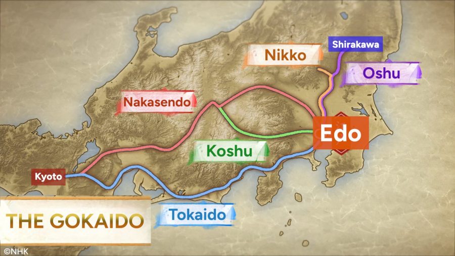 Illustrated map of Japan highlighting the five major routes (Gokaido) extending from Edo.