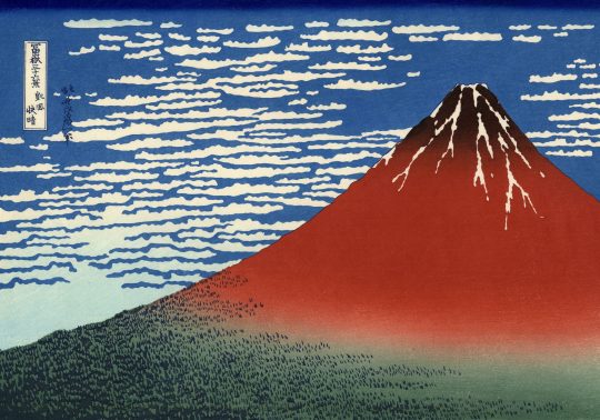 "Red Fuji" (Fine Wind, Clear Morning) from Hokusai's Thirty-six Views of Mount Fuji, featuring a reddish-brown Mount Fuji against a blue sky with cirrocumulus clouds.