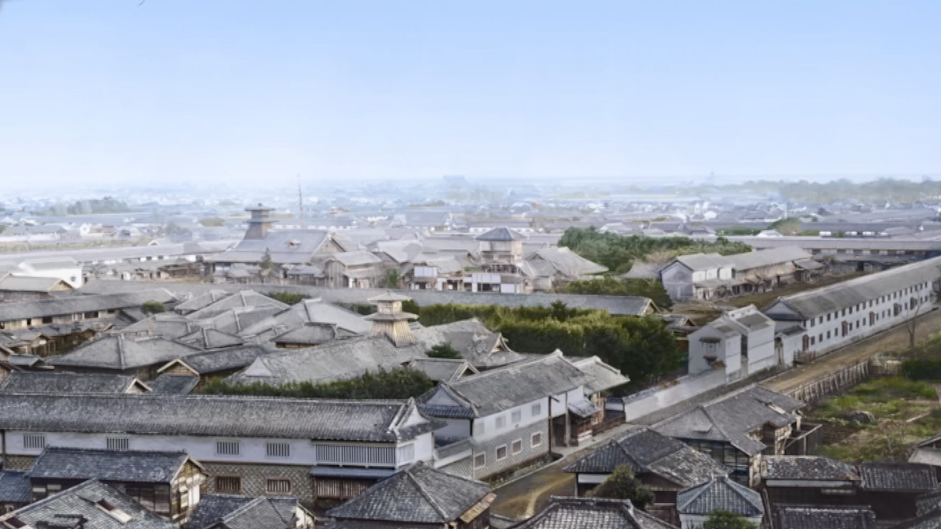 CG rendering of a historical Edo-period Japanese townscape.