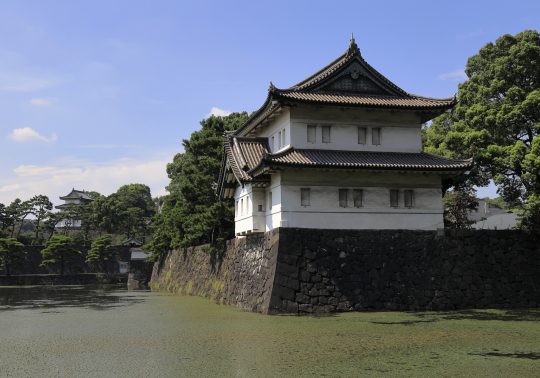 The Fujimi-yagura (Mt. Fuji-viewing Turret) of the Imperial Palace (formerly Edo Castle). A three-story white watchtower stands atop a massive stone wall corner, overlooking a moat filled with green water plants under a blue sky.