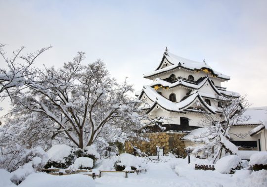 The white-walled main keep of Hikone Castle heavily covered in snow, under a grey sky.
