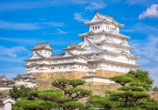 Full view of the white Himeji Castle complex under a blue sky.