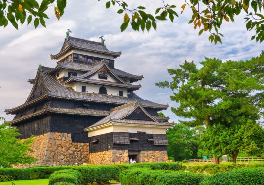 Low-angle view of the black Matsue Castle framed by green leaves.